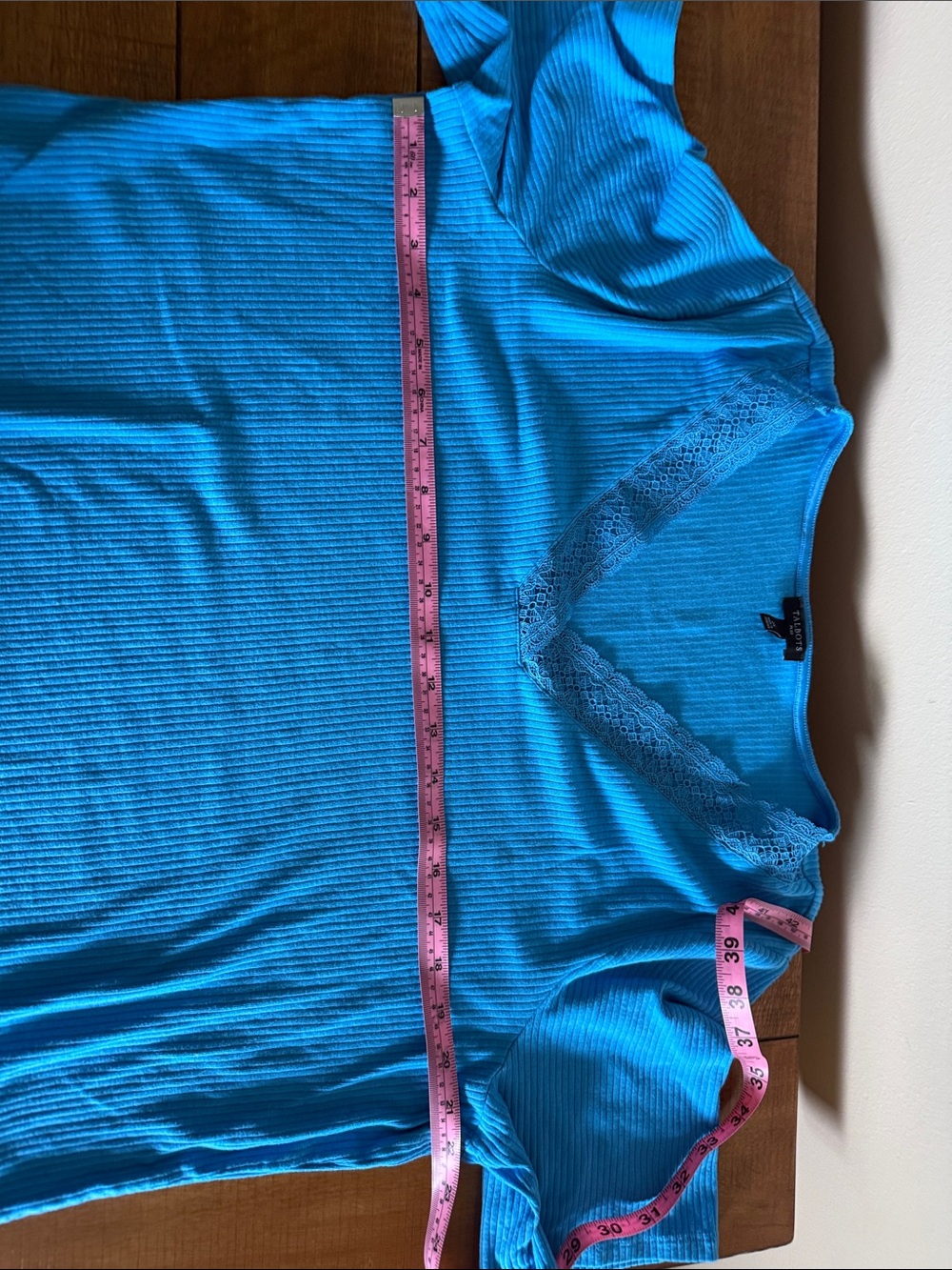 Talbots Teal Blue Ribbed V-Neck Top with Lace Trim - Picture 7 of 9